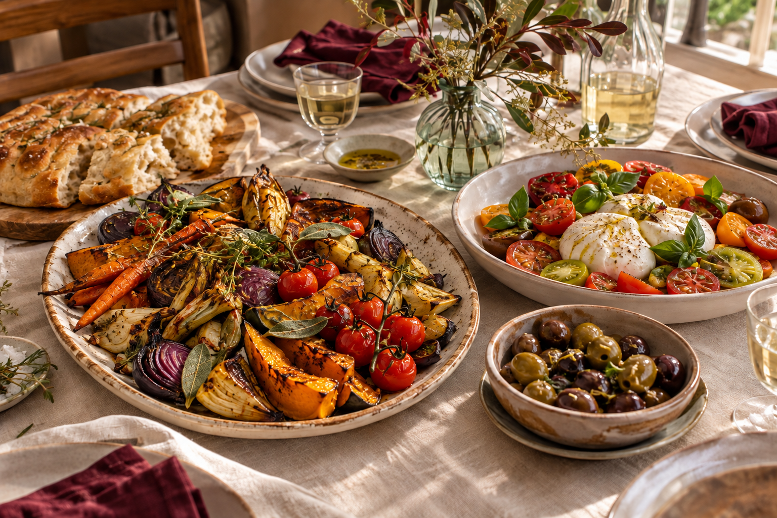Een rijk gedekte tafel met geroosterde groenten, burrata en vers brood