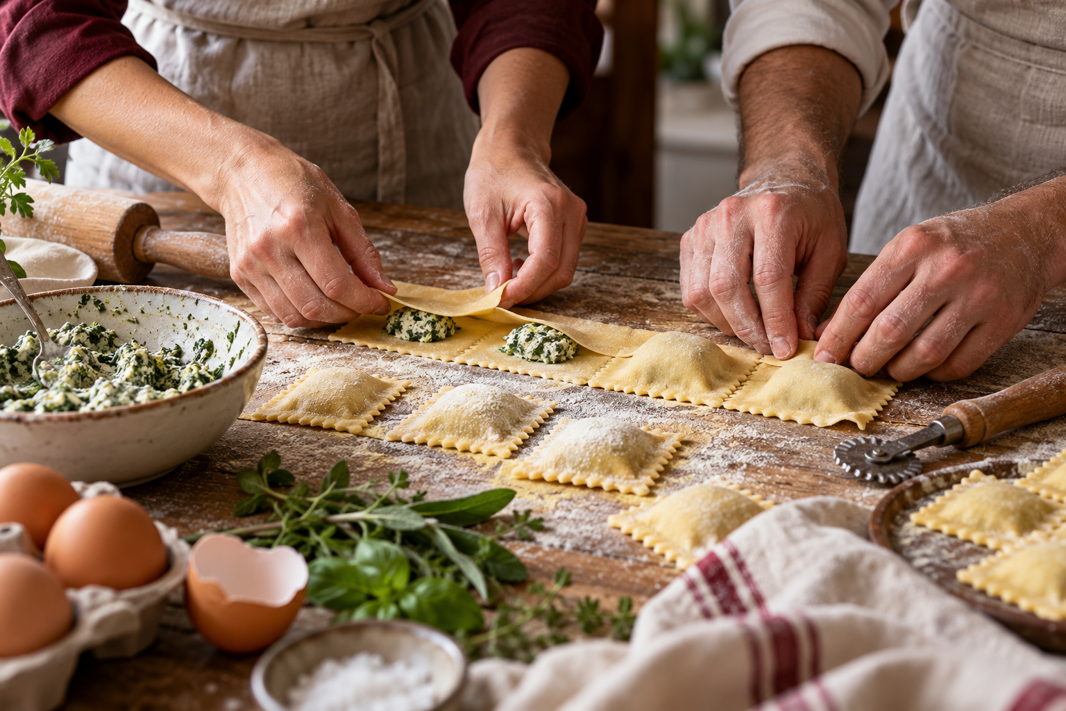 Samen verse ravioli bereiden tijdens een kookworkshop